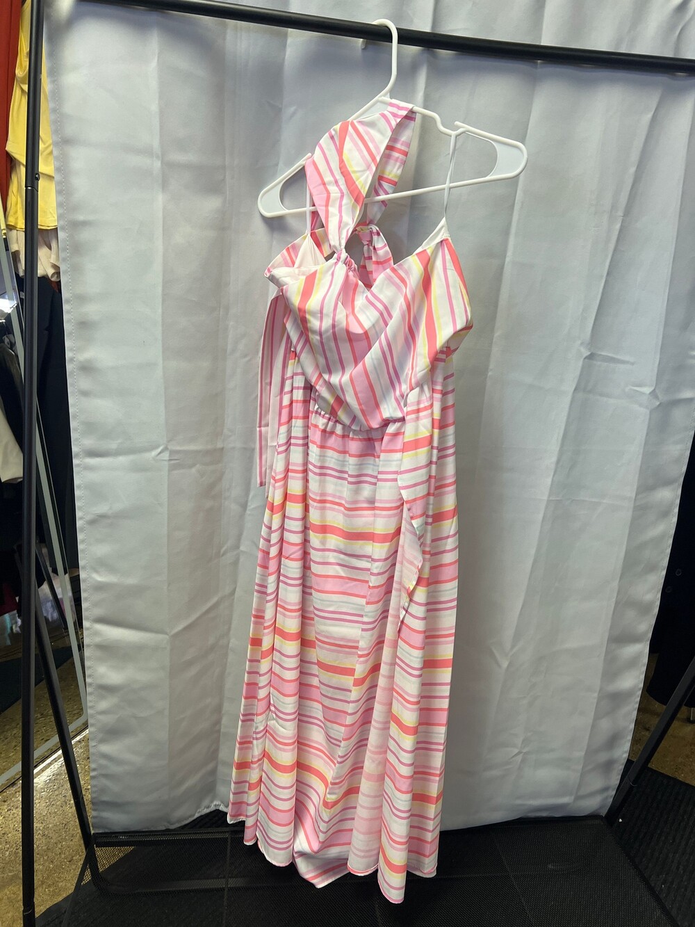 Striped Halter Neck Sleeveless Dress Pink Yellow White